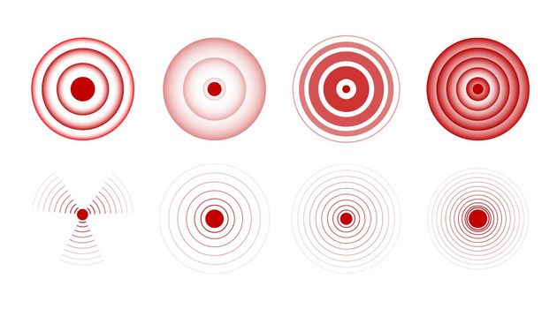 Throat circle pain sign. Body hurt red symbol. Vector localization mark pain. Painful headaches.