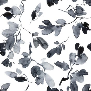 Watercolor and ink illustration of tree leaves - seamless pattern. Oriental traditional painting in style sumi-e, u-sin. Grayscale leaves on white background.