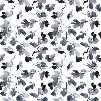 Watercolor and ink illustration of tree leaves - seamless pattern. Oriental traditional painting in style sumi-e, u-sin. Grayscale leaves on white background.