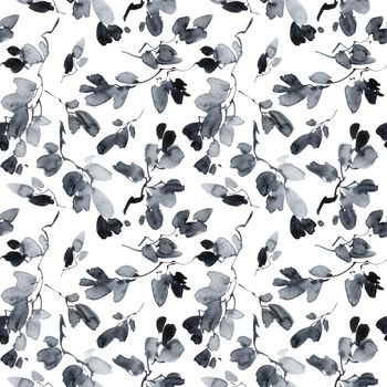 Watercolor and ink illustration of tree leaves - seamless pattern. Oriental traditional painting in style sumi-e, u-sin. Grayscale leaves on white background.