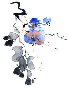 Watercolor and ink illustration of blossom tree branch with blue flowers and splashes. Oriental traditional painting in style sumi-e, u-sin and gohua.