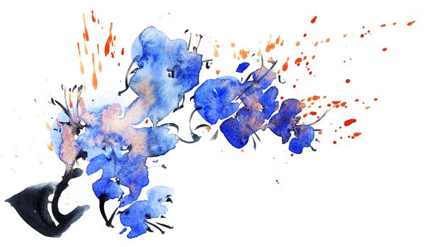Watercolor and ink illustration of blossom tree branch with blue flowers and splashes. Oriental traditional painting in style sumi-e, u-sin and gohua.