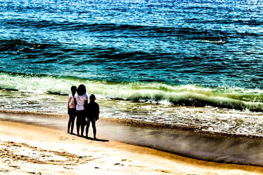 Sesimbra, Lisbon, Portugal- June 1, 2018: Views of the Sesimbra Beach and tourists watching the Atlantic Ocean in a sunny day.