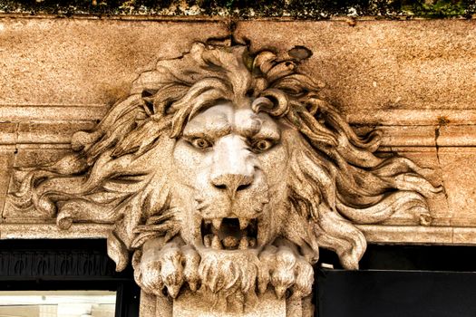 Beautiful portuguese facade with carved stone lion in Oporto