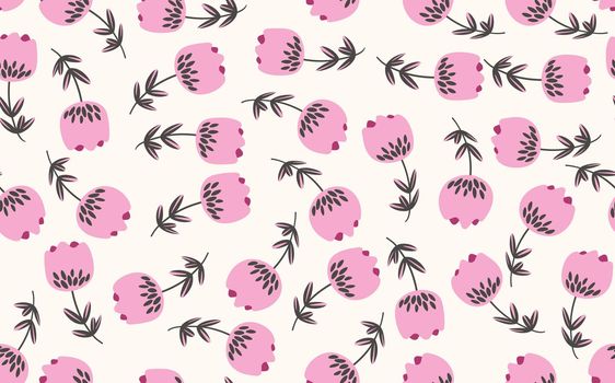 Seamless floral pattern based on traditional folk art ornaments. Colorful flowers on light background. Scandinavian style. Sweden nordic style. Vector illustration. Simple minimalistic pattern.