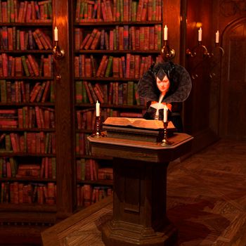 Illustration of a witch reading magic book with candlelight in a library of magic books - 3d rendering