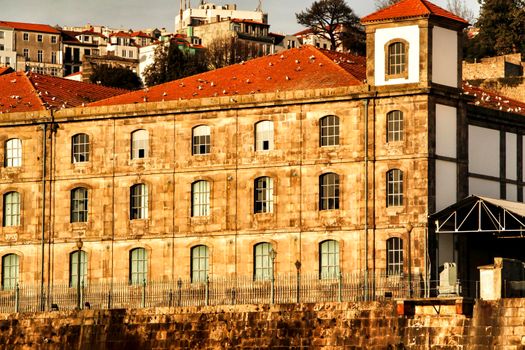 Beautiful view of the city of Porto from the Douro River on a clear day of winter