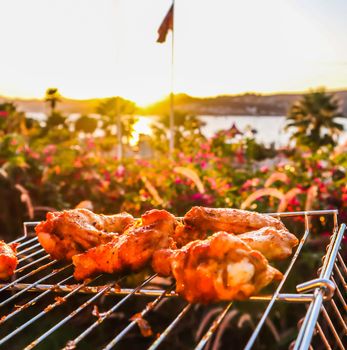 Cooking chicken skewers on the grill in the garden at sunset