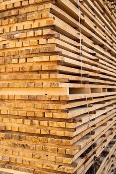 Storage of piles of wooden boards on the sawmill. Boards are stacked in a carpentry shop. Sawing drying and marketing of wood. Pine lumber for furniture production, construction. Lumber Industry