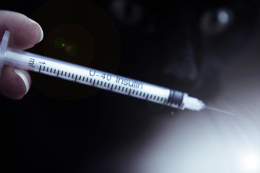 Insulin injecting syringe held by nurses hand. Copy space