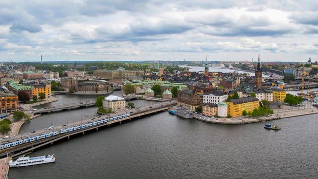 Sweden Stockholm. Wonderful aerial panorama from observation deck on tower City Hall to Gamla Stan (Old Town)