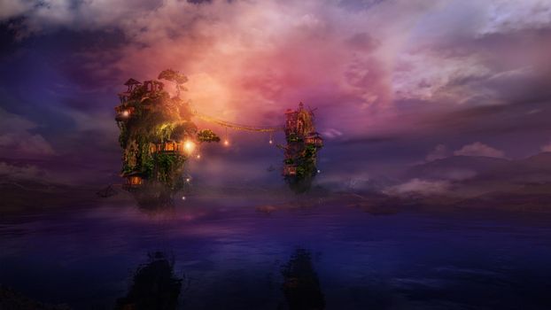 Fantastic landscape with a mountain lake and flying islands illuminated by night lanterns. 3D render.