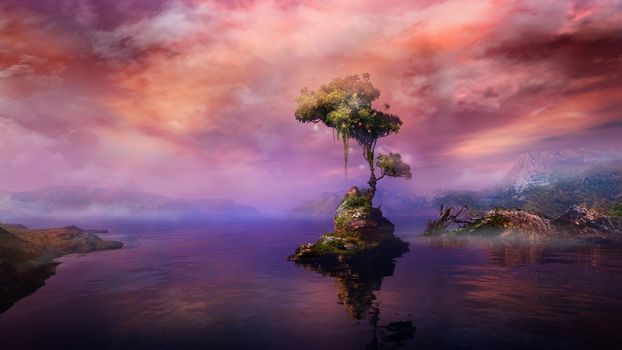 Beautiful magical landscape with a tree in the middle of a mountain lake. 3D render.