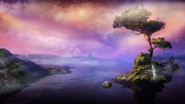 A landscape with a tree growing on an island in the middle of a mountain lake. 3D render.
