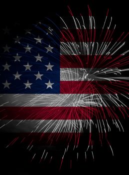 Concept of celebrating Independence Day in United States of America. USA national flag with fireworks background for 4th of July.