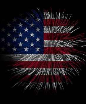 Concept of celebrating Independence Day in United States of America. USA national flag with fireworks background for 4th of July.