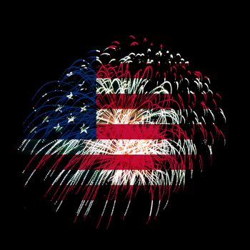 Concept of celebrating Independence Day in United States of America. USA national flag with fireworks background for 4th of July.