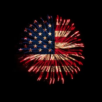 Concept of celebrating Independence Day in United States of America. USA national flag with fireworks background for 4th of July.