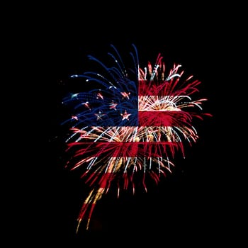 Concept of celebrating Independence Day in United States of America. USA national flag with fireworks background for 4th of July.