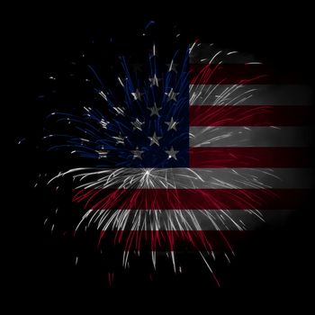 Concept of celebrating Independence Day in United States of America. USA national flag with fireworks background for 4th of July.