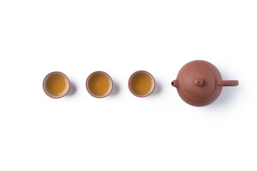 Top view of fresh black tea with kettle teapot and leaves in Taiwan, Asian culture design concept layout.