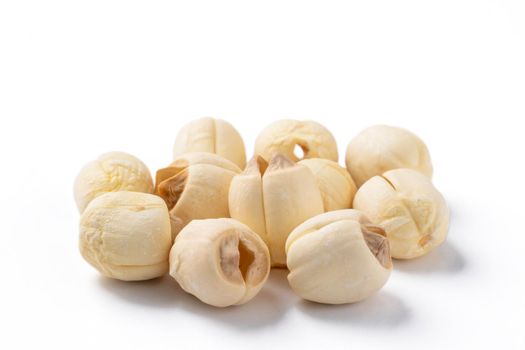 Close up of dried lotus seed Chinese herbal healthy food isolated on white table background