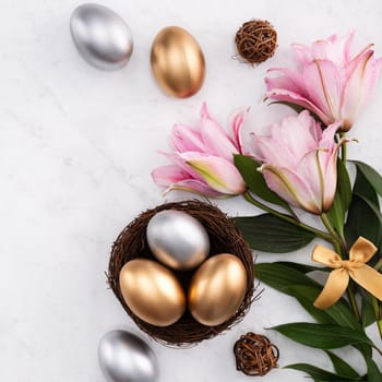 Design concept of Golden and silver Easter eggs in the nest with pink lily flower on bright marble white table background.