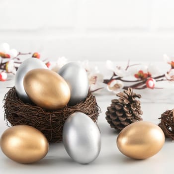 Close up of golden and silver Easter eggs in the nest with white plum flower on bright white wooden table background.