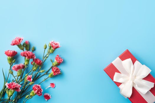 Concept of Mother's day holiday greeting gift design with carnation bouquet on bright blue table background