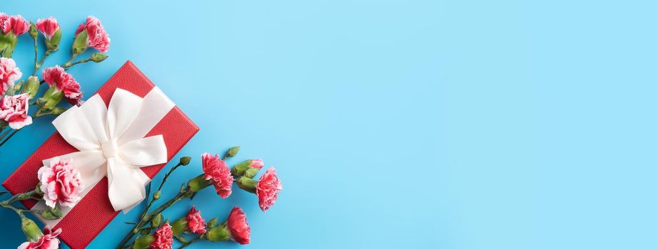 Concept of Mother's day holiday greeting gift design with carnation bouquet on bright blue table background