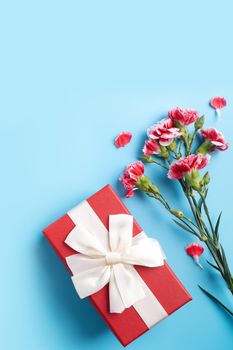 Concept of Mother's day holiday greeting gift design with carnation bouquet on bright blue table background