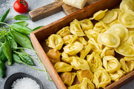 Italian raw handmade Ravioli with fresh ingredients, basil, pesto, ham, mozzarella cheese, parmesan set, in wooden box, on gray background