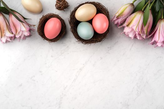 Colorful Easter eggs in the nest with pink lily flower on bright marble white table background.