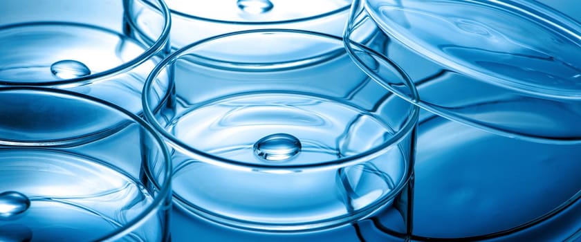 Clean glass petri dish with liquid drop inside over blue light background, concept of science lab test and vaccine development.