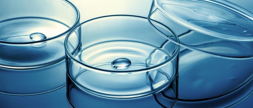 Clean glass petri dish with liquid drop inside over blue light background, concept of science lab test and vaccine development.