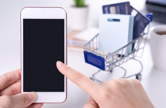 Woman using holding smart mobile phone staying home online electronic payment