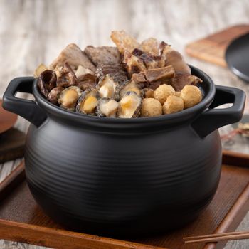 Traditional food of Chinese lunar new year, Buddha jumps over the wall, Chinese Soup Casserole dish, Buddha's Temptation, named Fo Tiao Qiang, close up.