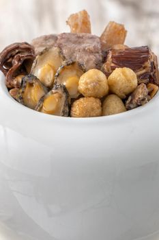 Traditional food of Chinese lunar new year, Buddha jumps over the wall, Chinese Soup Casserole dish, Buddha's Temptation, named Fo Tiao Qiang, close up.