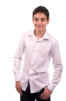 Portrait of happy smiling young man wearing a white shirt standing with hands folded against isolated on white background