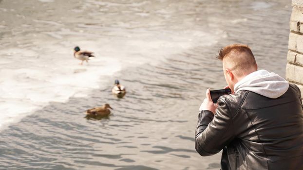 A young man takes pictures of ducks on the water at sunny day. View from the back.