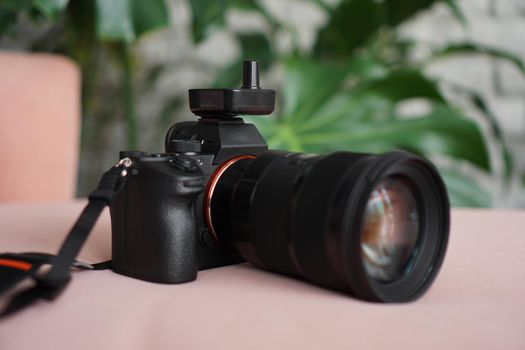 Black camera with a lens on a pink background and a blurred background of green leaves. No visible logos and brands