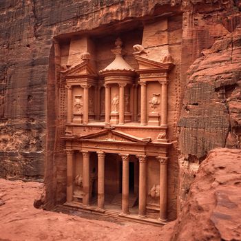 Front of Al-Khazneh Treasury temple carved in stone wall - main attraction in Lost city of Petra.