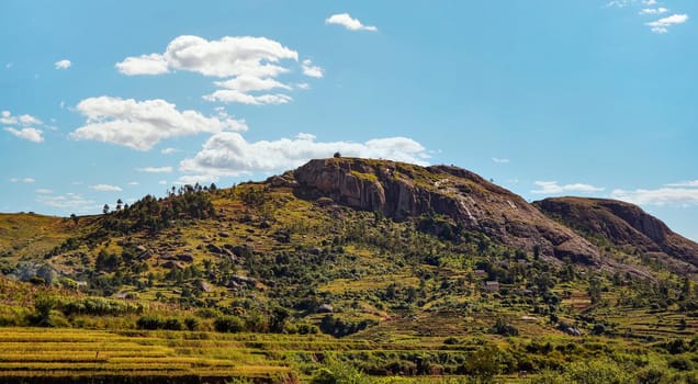 Typical Madagascar landscape - green and yellow rice terrace fields on small hills with clay houses in region near Ambositra.