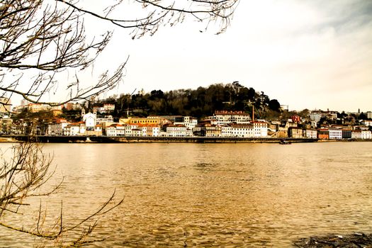 Beautiful view of the city of Porto from the Douro River on a clear day of winter