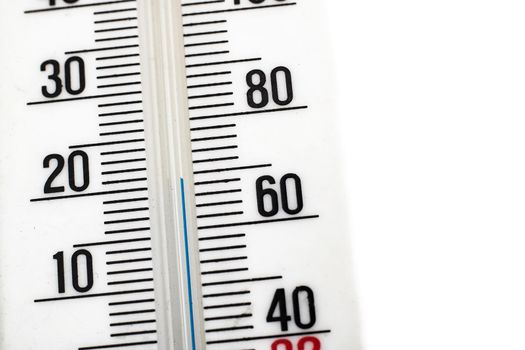 Room mercury thermometer on a white background close up, copy space