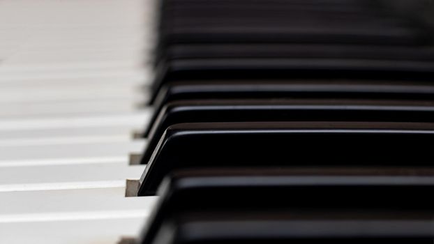 Piano keys close up, top view, background, black and white