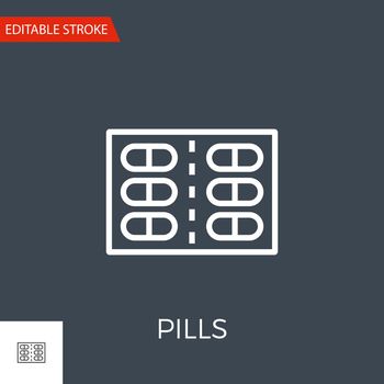 Pills Related Vector Line Icon. Drugs. Isolated on Black Background. Editable Stroke.