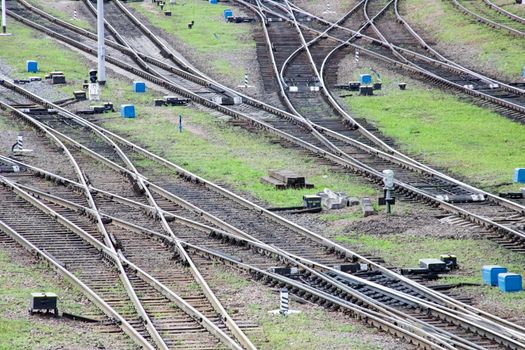 Rail tracks close up top view close up, background