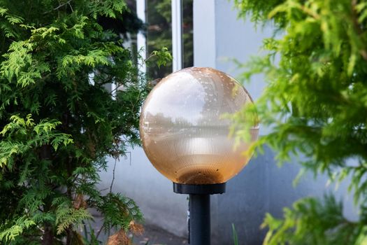 Street lamp in the form of a ball among green leaves close up