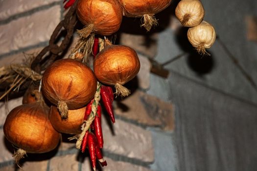 The bulbs on the rope are dried by the oven, copy space